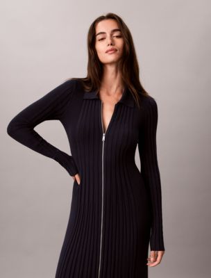 Женское платье Calvin Klein Ribbed Full Zip Polo, цвет: Тёмный сапфировый — фото 6