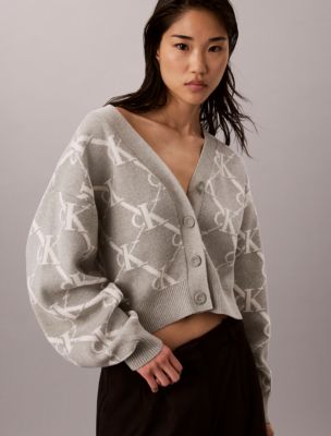 Monogram Logo Cardigan Sweater, Grey Heather