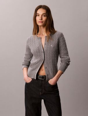 Cable Knit Cardigan Sweater, Grey Heather