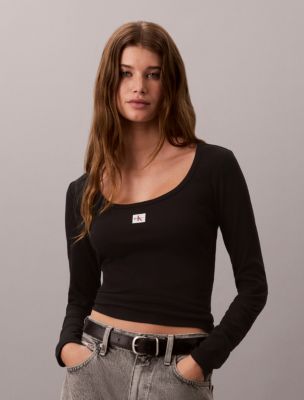 Woven Monologo Rib Long Sleeve Tee, Black