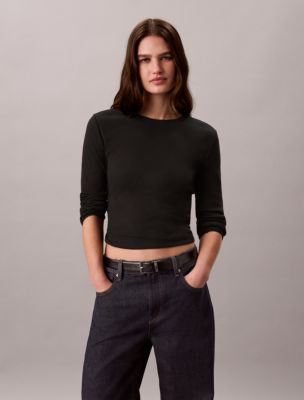 Pointelle Knit Slim Tee, Black