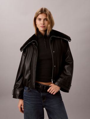 Faux Leather Padded Bomber Jacket, Black
