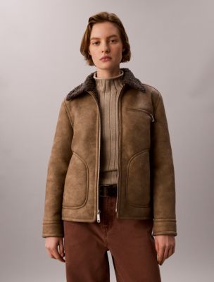 Faux Shearling Aviator Jacket, Brown Leather With Grey Shearling