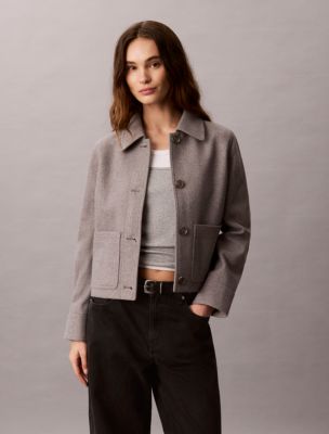 Faux Wool Stand Collar Jacket, Grey Heather