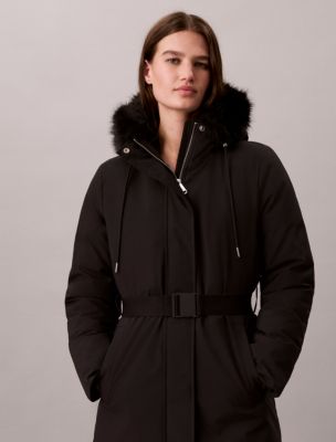 Женская куртка Calvin Klein Faux Fur Hooded Belted Parka, цвет: Чёрный — фото 4
