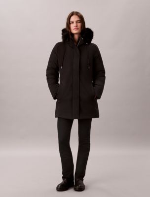 Faux Fur Hooded Belted Parka Jacket, Black