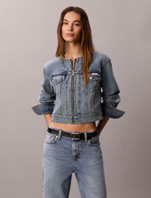 Collarless Cropped Trucker Jacket, Light Range