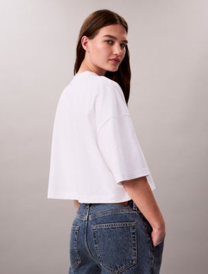 Женская футболка Calvin Klein Boxy Cropped Bold Logo, цвет: Яркий белый — фото 4