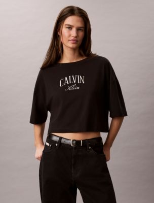 Boxy Varsity Logo Cropped Tee, Black