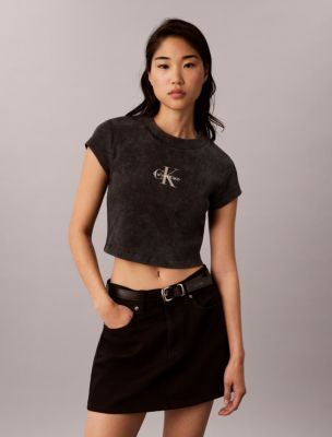 Monologo Rib Acid Wash Baby Tee, Black