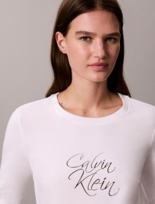 Женский лонгслив Calvin Klein облегающий с логотипом-надписью, цвет: Яркий белый — фото 3