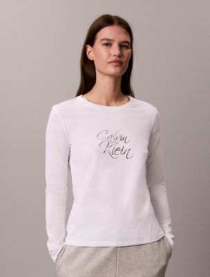 Женский лонгслив Calvin Klein облегающий с логотипом-надписью, цвет: Яркий белый — фото 1