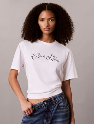 Женская футболка Calvin Klein Boxy свободного кроя с логотипом-надписью, цвет: Яркий белый — фото 1