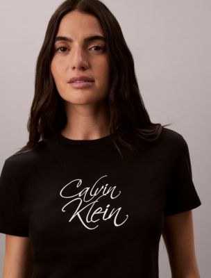 Женская футболка Calvin Klein облегающая с логотипом-надписью, цвет: Чёрный — фото 2