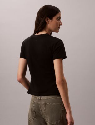 Женская футболка Calvin Klein облегающая с логотипом-надписью, цвет: Чёрный — фото 4