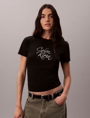 Женская футболка Calvin Klein облегающая с логотипом-надписью, цвет: Чёрный — фото 1