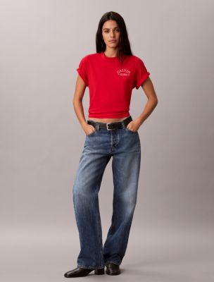 Женская футболка Calvin Klein Boxy свободного кроя с вышитым логотипом, цвет: Ягодный — фото 2