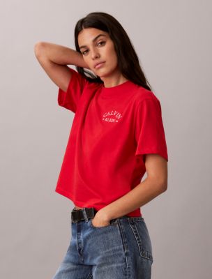 Женская футболка Calvin Klein Boxy свободного кроя с вышитым логотипом, цвет: Ягодный — фото 5
