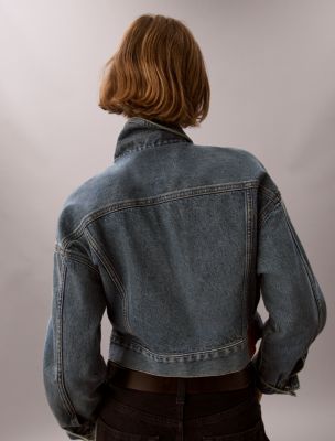 Женская куртка Calvin Klein Cropped Denim Trucker, цвет: Синий — фото 4