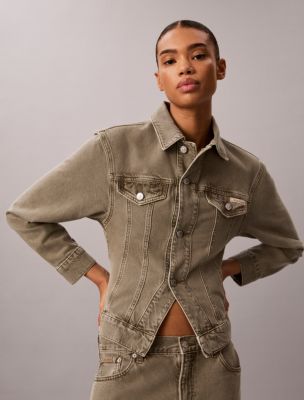Cinched Peplum Denim Jacket, Faded Olive