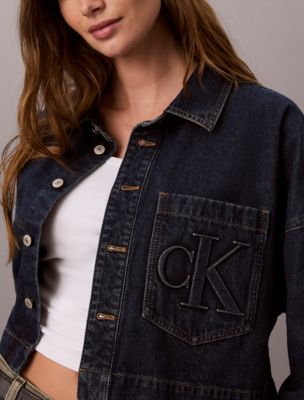 Женская рубашка Calvin Klein Monogram Logo Denim Cropped Shirt, цвет: Сумеречный — фото 4