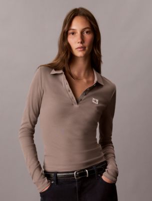 Woven Monologo Long Sleeve Polo Shirt, Cinder