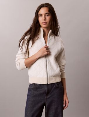 Quilted Chenille Emblem Logo Zip Sweater, Tofu