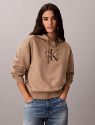 Rhinestone Monologo Fleece Hoodie, Brown Heather