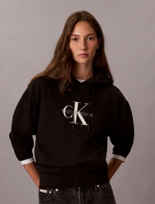 Rhinestone Monologo Fleece Hoodie, Black