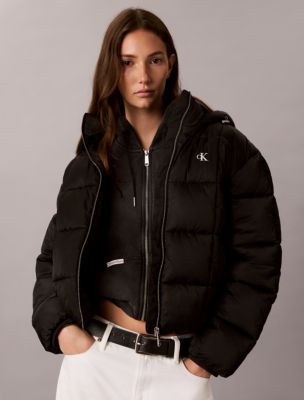 Satin Logo Puffer Jacket, Black