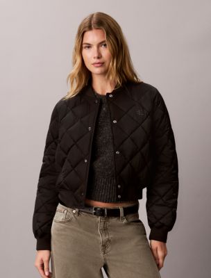 Quilted Satin Bomber Jacket, Black
