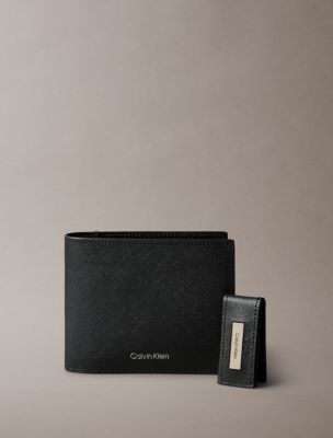 Мужские кошельки Calvin Klein Saffiano Leather Bifold Wallet + Money Clip Set, цвет: Чёрный — фото 2