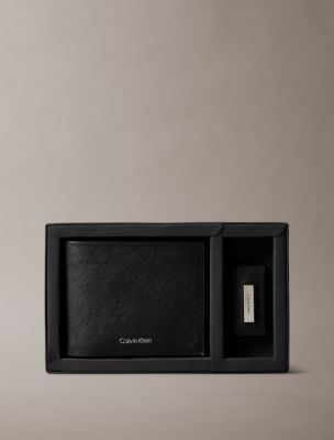 Saffiano Leather Bifold Wallet + Money Clip Set, Black