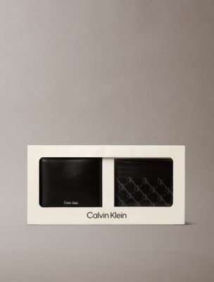 Мужской кошелёк Calvin Klein Raised Logo Leather Wallet & Coated Canvas Card Case, цвет: Чёрный — фото 1