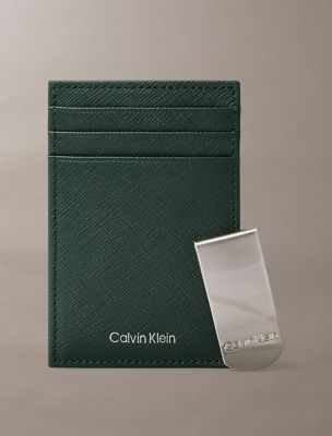 Refined Saffiano Card Case + Money Clip, Green Palm