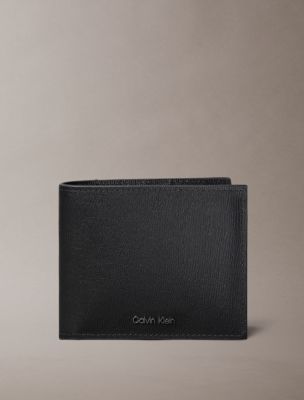 Saffiano Leather Bifold Wallet with Coin Pouch, Black