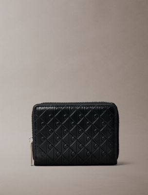 Embossed Allover Monogram Zip Coin Pouch, Black