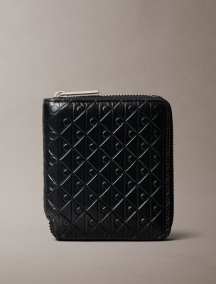 Embossed Allover Emblem Logo Zip Wallet, Black