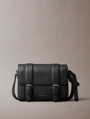 Leather Flap Messenger Bag, Black
