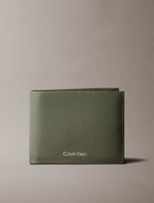 Pebble Grain Leather Trifold Wallet with Coin Pouch, Deep Lichen Green