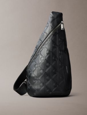 Debossed Allover Emblem Logo Sling Bag, Black