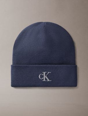 Monogram Embroidery Fine Rib Beanie, Blue Nights