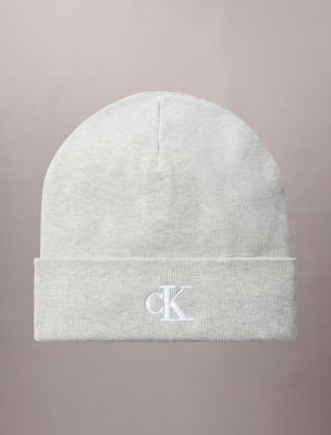 Monogram Embroidery Fine Rib Beanie, Grey Heather