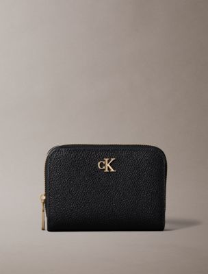 Minimal Monogram Zip Flap Wallet, Black