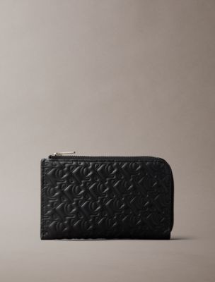Embossed Allover Monogram Zip Wallet, Black