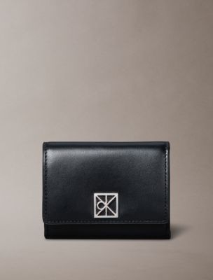 Monogram Logo Emblem Leather Trifold Wallet, Black