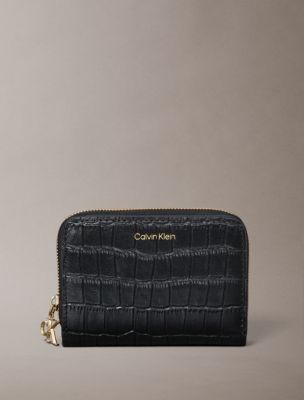 Leather Crocodile Print Zip Wallet, Black