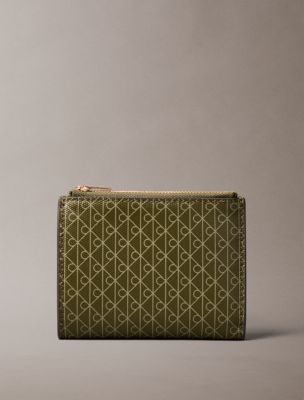 Emblem Logo Double Zip Bifold Wallet, Olive Night Seagrass Aop