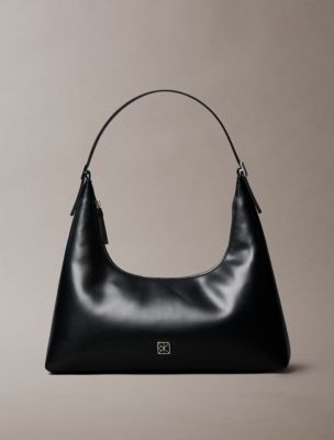 Monogram Logo Emblem Leather Shoulder Bag, Black