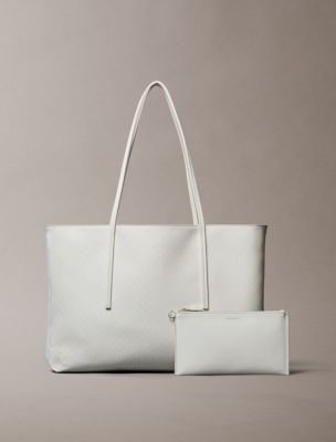 Allover Monogram Logo Tote Bag with Pouch, Lily White